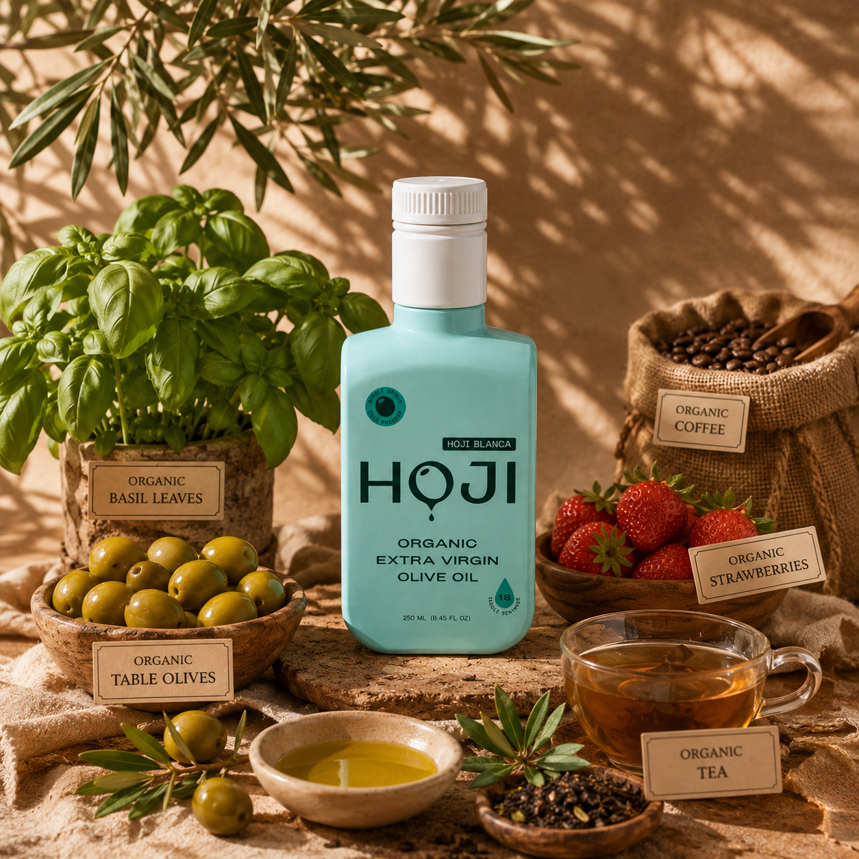 Premium organic products including olive oil, herbs, coffee, strawberries, tea and olives
