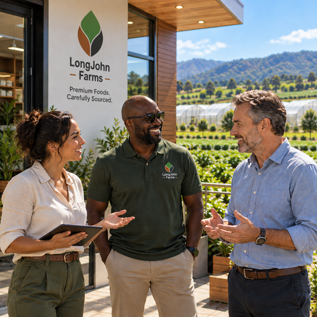 LongJohn Farms partners collaborating outside a modern farm facility