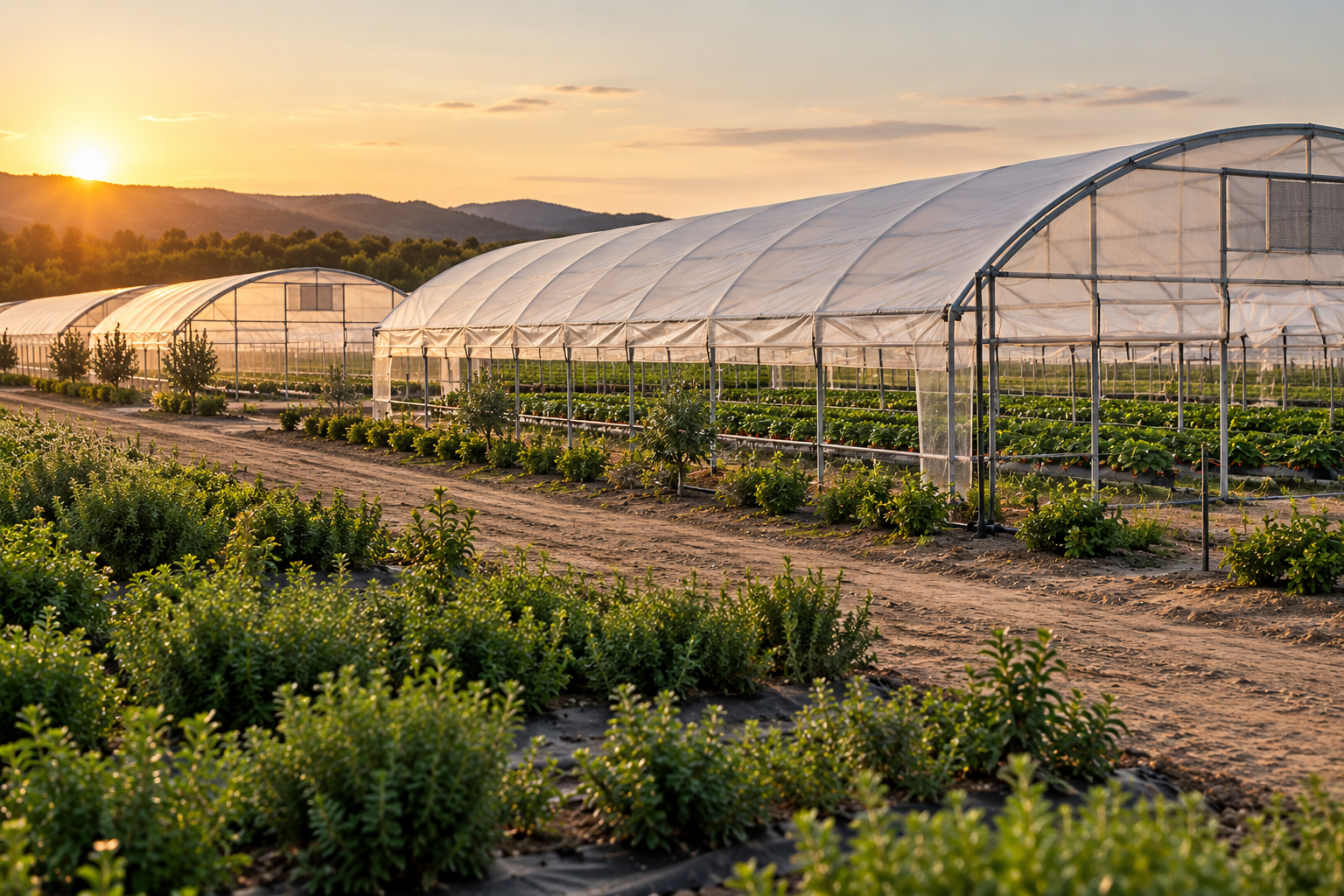 LongJohn Farms greenhouses across the growing estate at sunrise