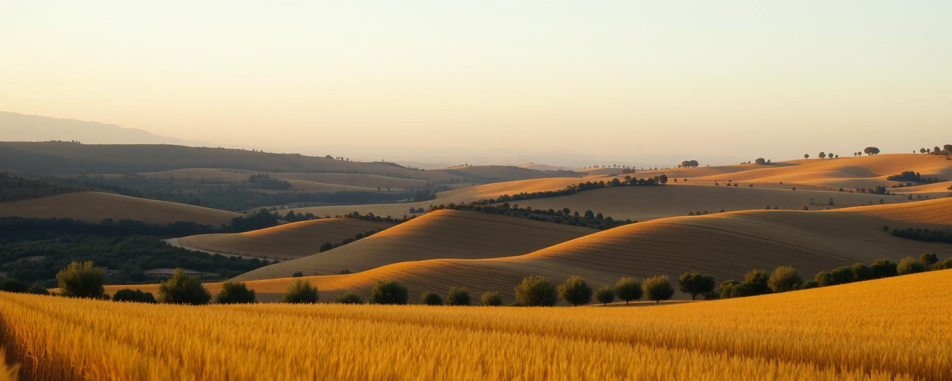 Rolling farmland and olive groves at golden hour