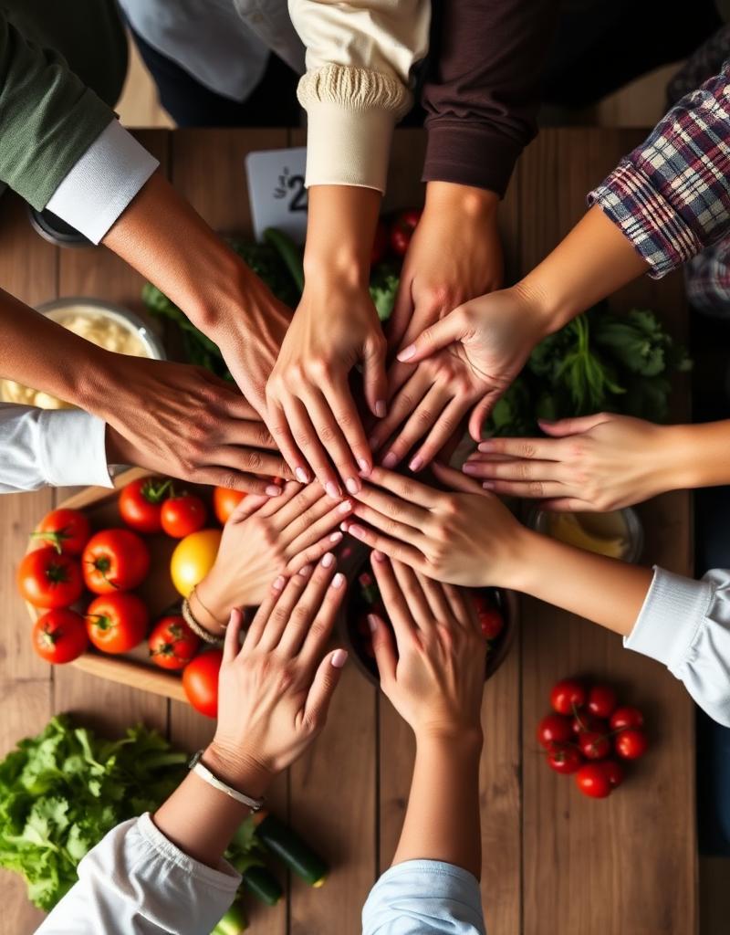 Diverse hands stacked together over a table of fresh produce