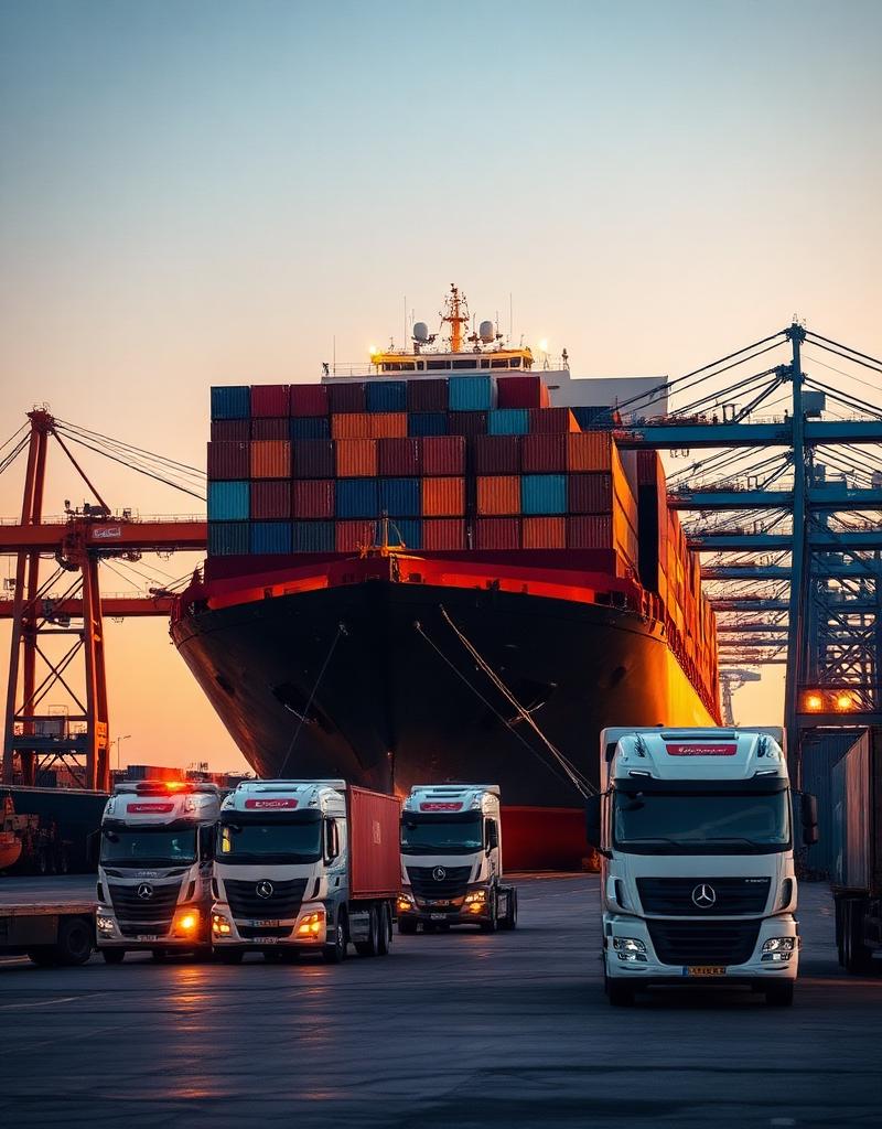 Container ship and cargo trucks at port at golden hour