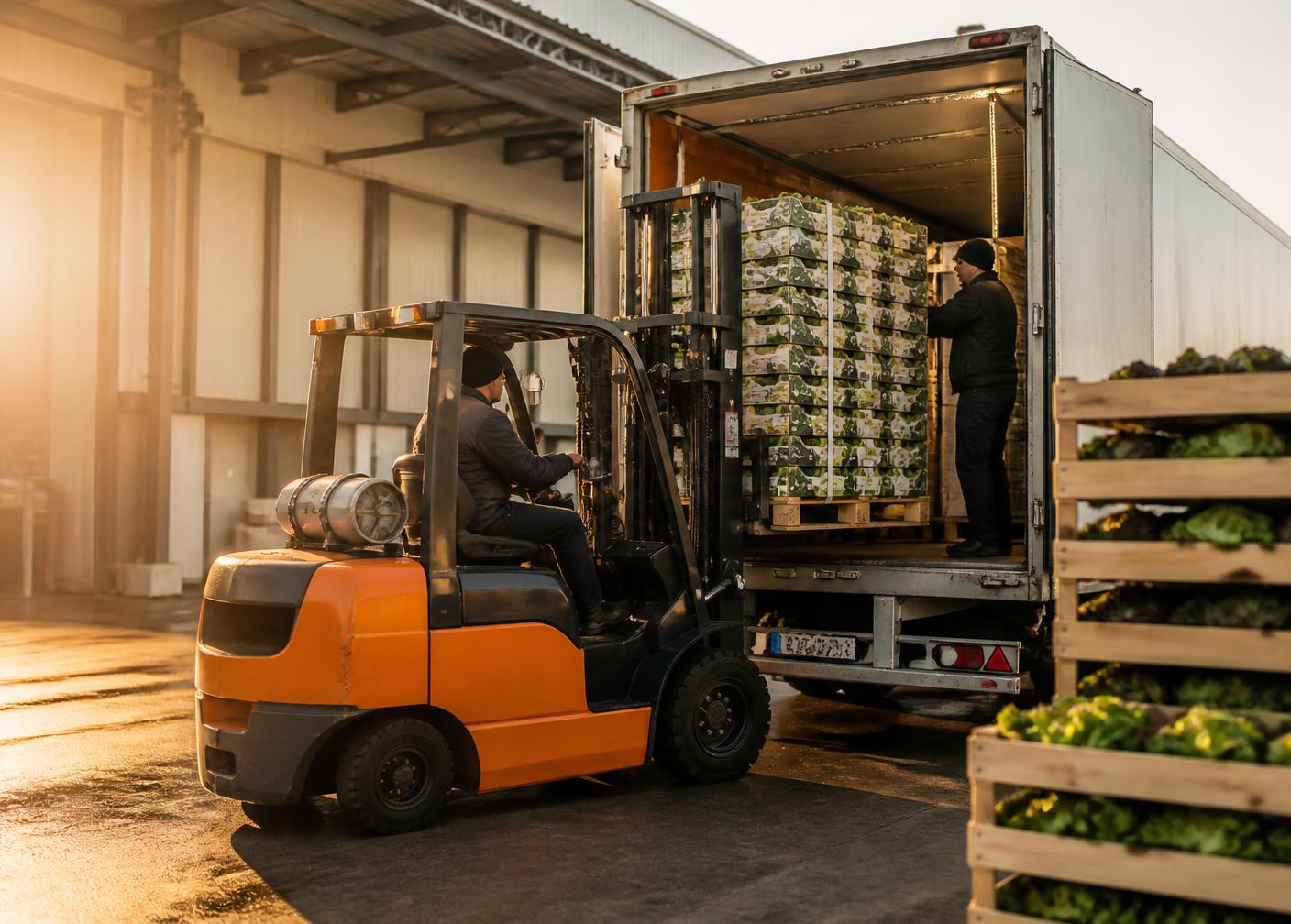 Forklift loading pallets of fresh produce into a refrigerated truck
