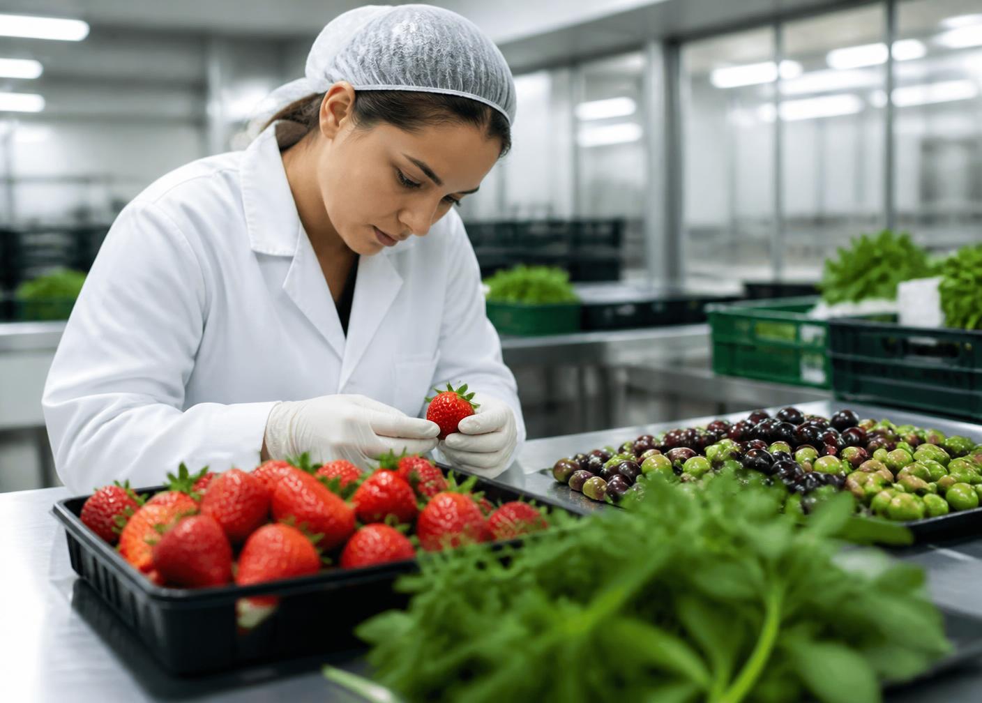 Quality specialist inspecting strawberries, olives and herbs in a modern packhouse
