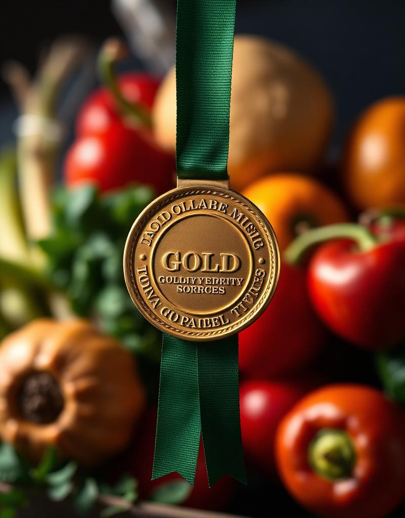 Gold quality award medal with green ribbon over fresh produce