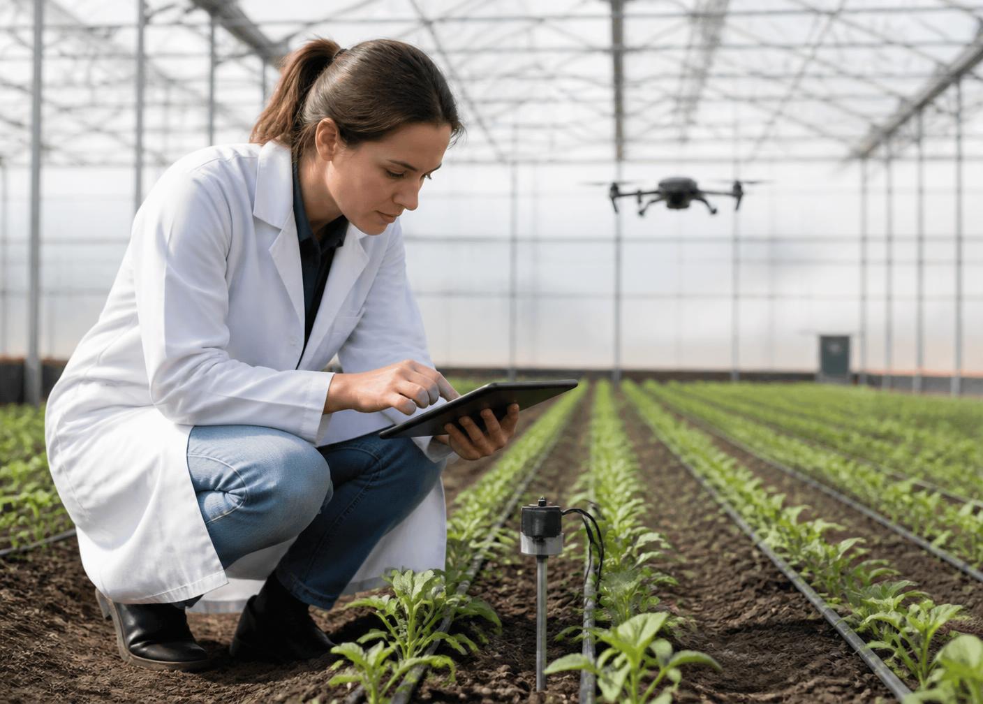 Agronomist using a tablet and soil sensor among young crops in a greenhouse