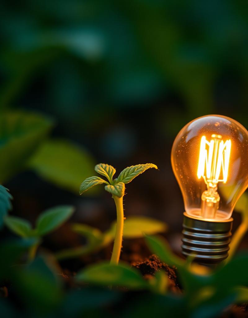 Young seedling sprouting next to a glowing lightbulb