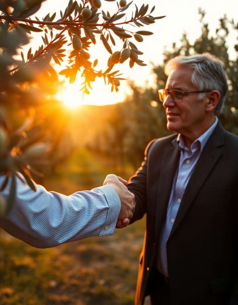 Handshake between partners in an olive grove at golden hour