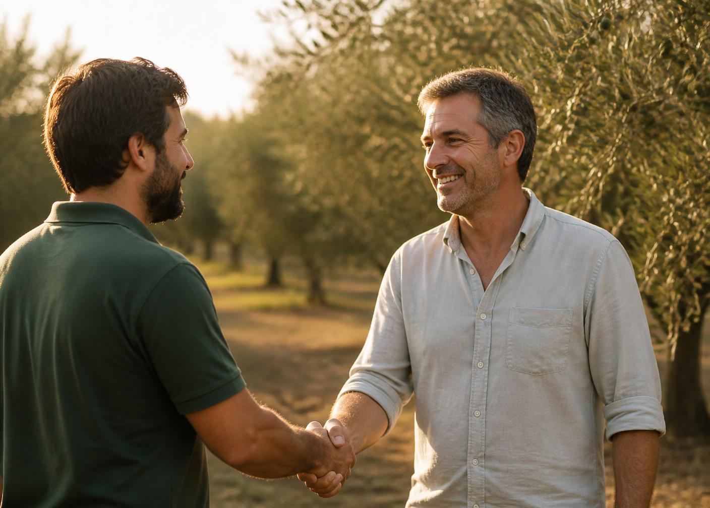 Two partners shaking hands in a sunlit olive grove