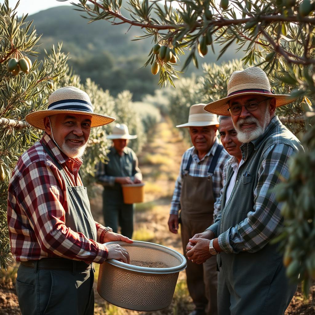 Farmers collaborating in an olive grove