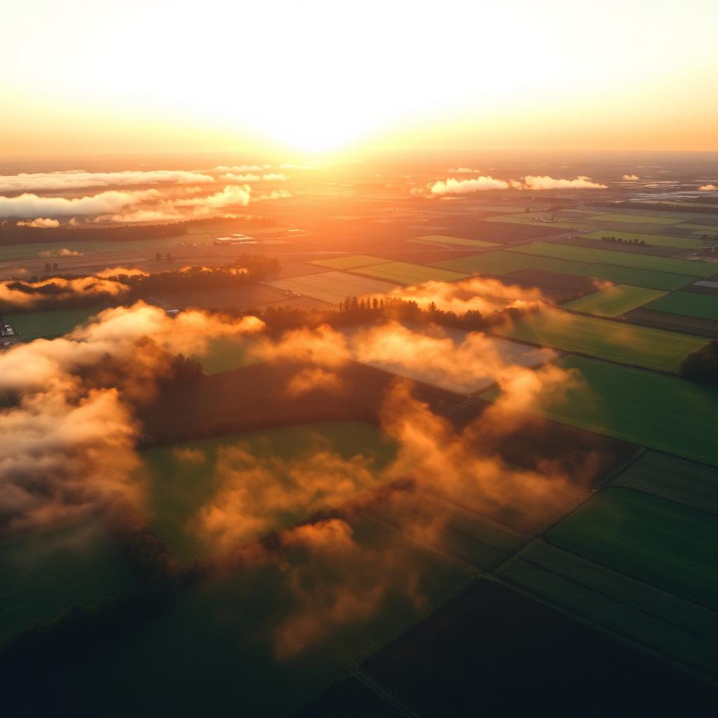 Aerial sunrise over patchwork farmland