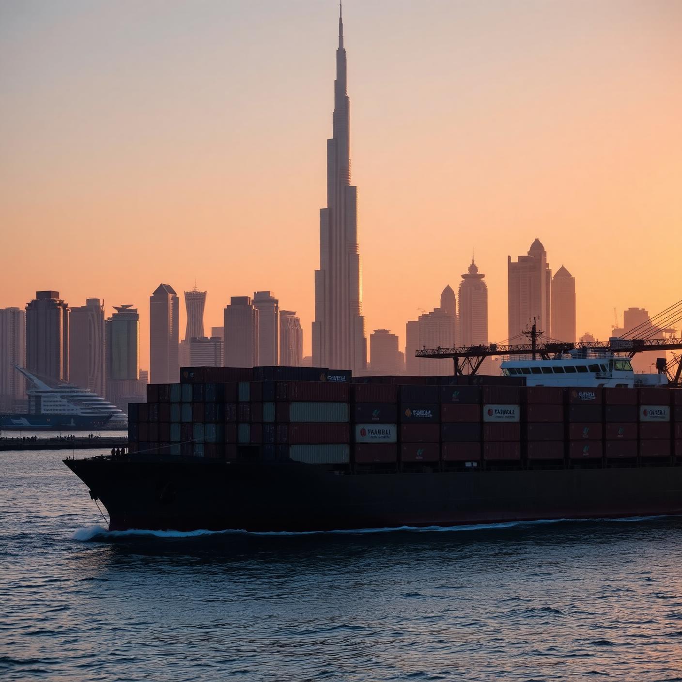 Dubai skyline at golden hour with a container vessel